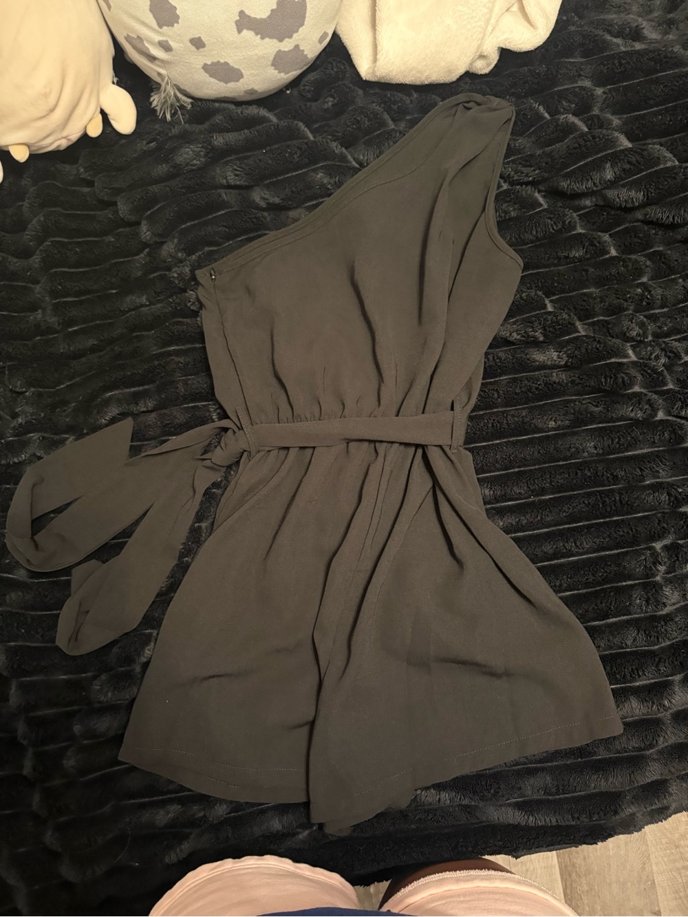One-Shoulder Black Women’s romper with Waist Tie